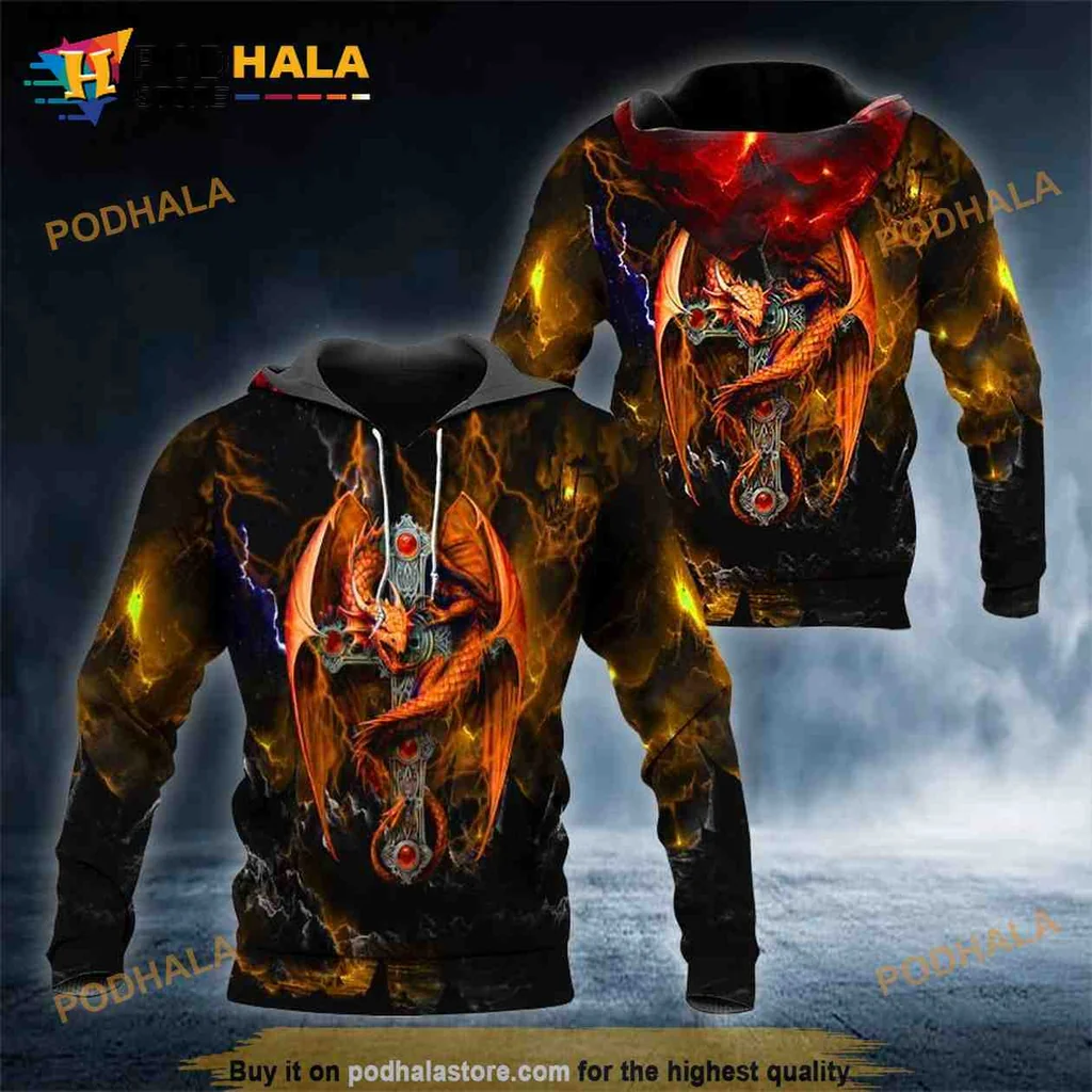 Fiery Dragon Skull 3d Hoodie Sweatshirt With Intense Flames Design