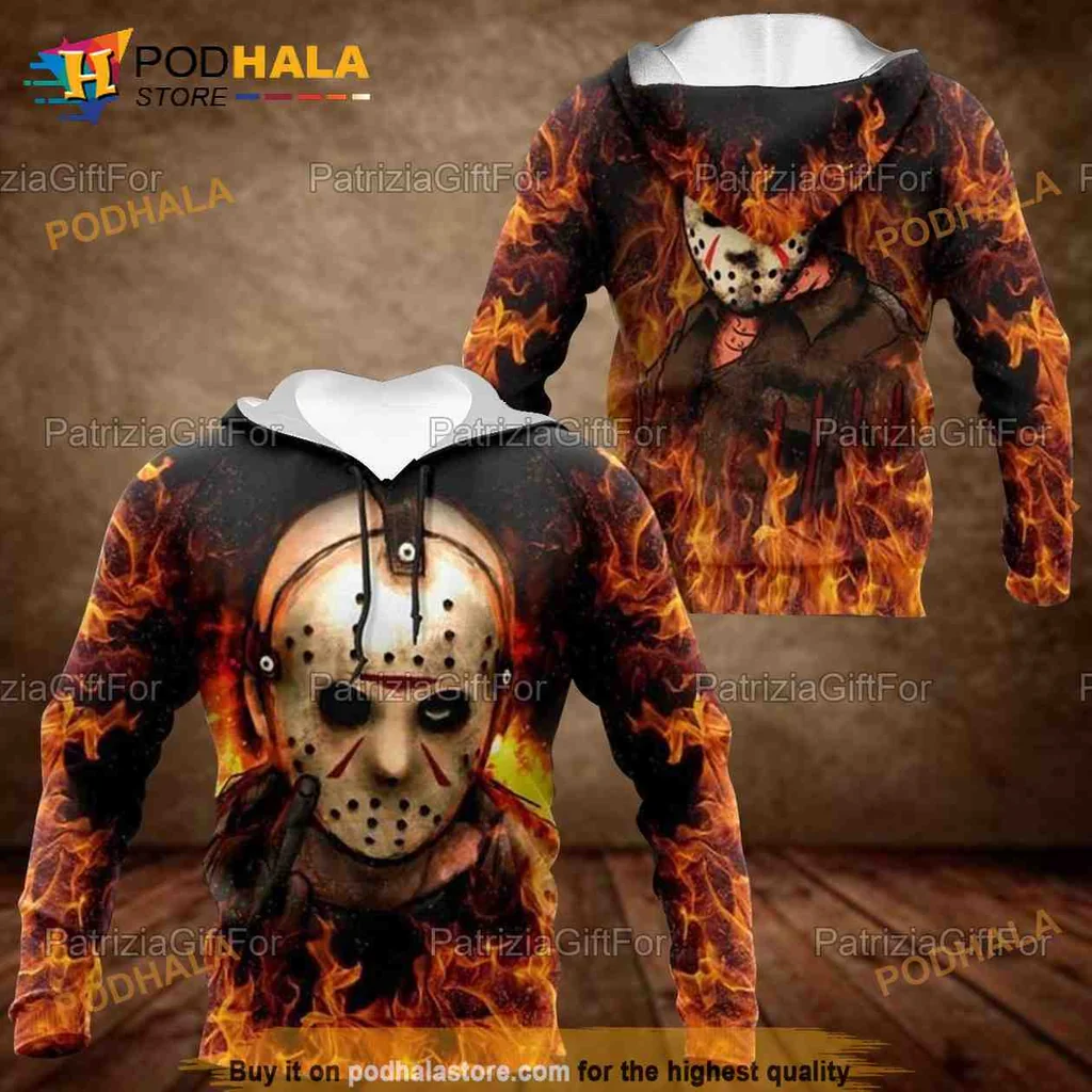 Fiery Jason Voorhees 3d Hoodie Featuring Iconic Horror Design
