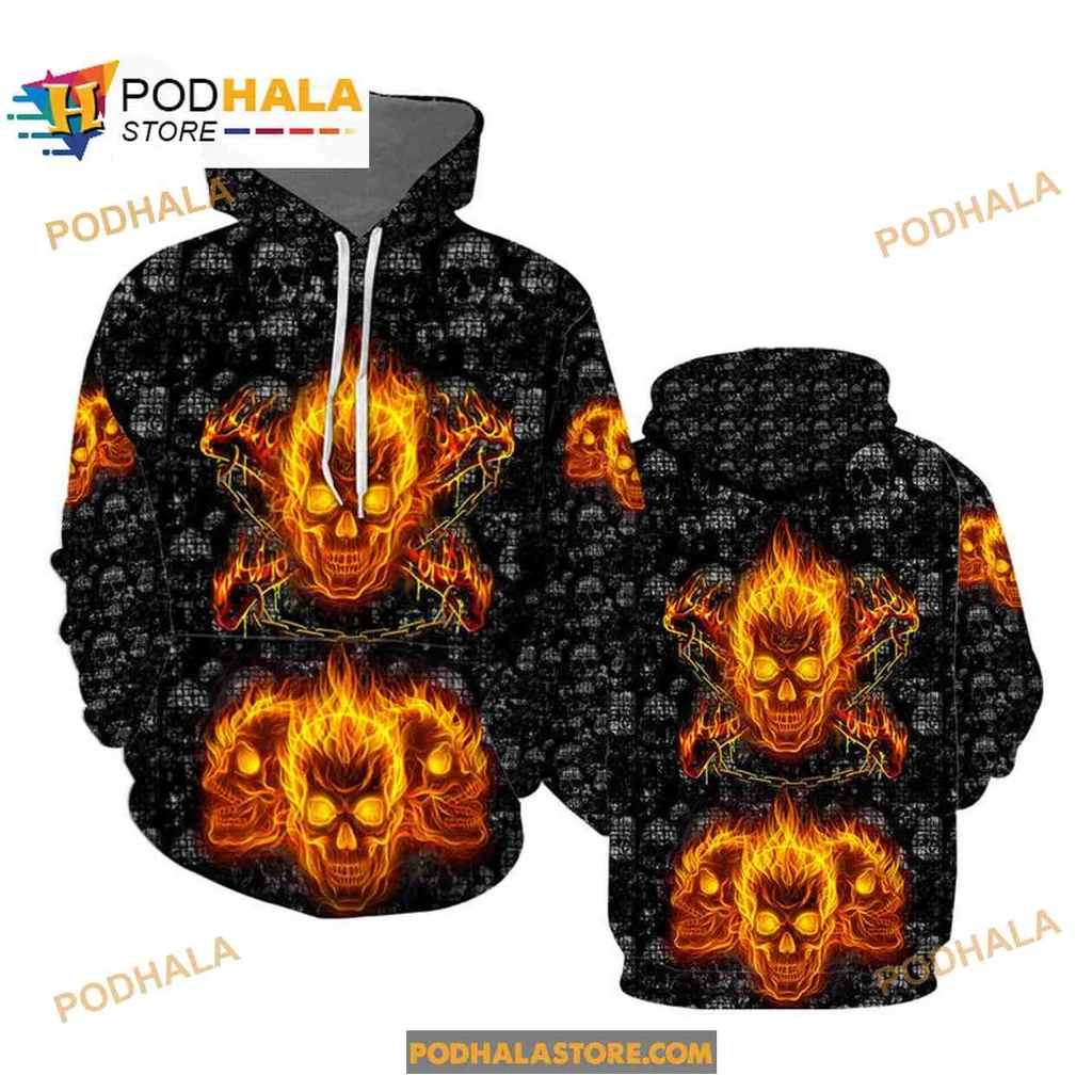 Fiery Skulls All Over Print Hoodie For Edgy Halloween Style Fiery Skulls All Over Print Hoodie For Edgy Halloween Style