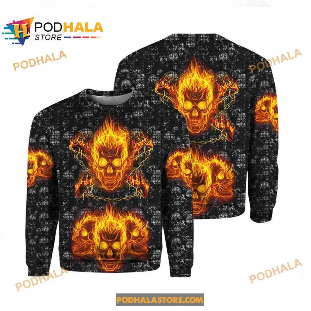 Fiery Skulls AOP Hoodie For Edgy Halloween Style Fiery Skulls AOP Hoodie For Edgy Halloween Style