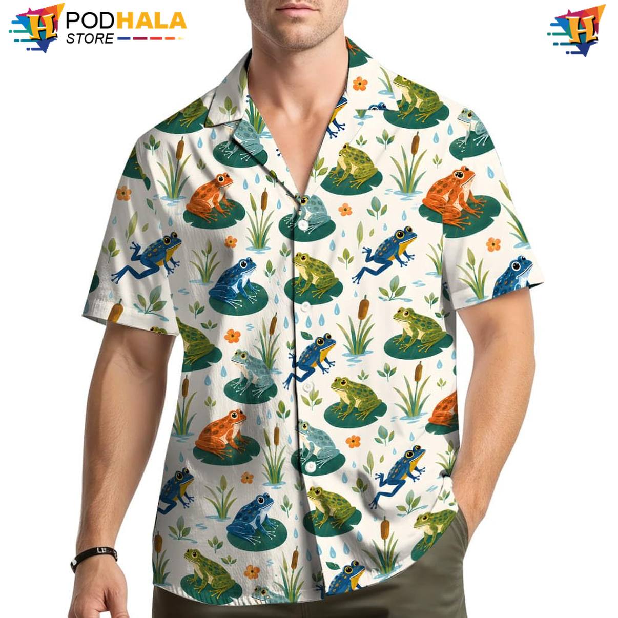 Fire Flame Frog Hawaiian Shirt Mens Graphic Resort Island Vibe Button Down