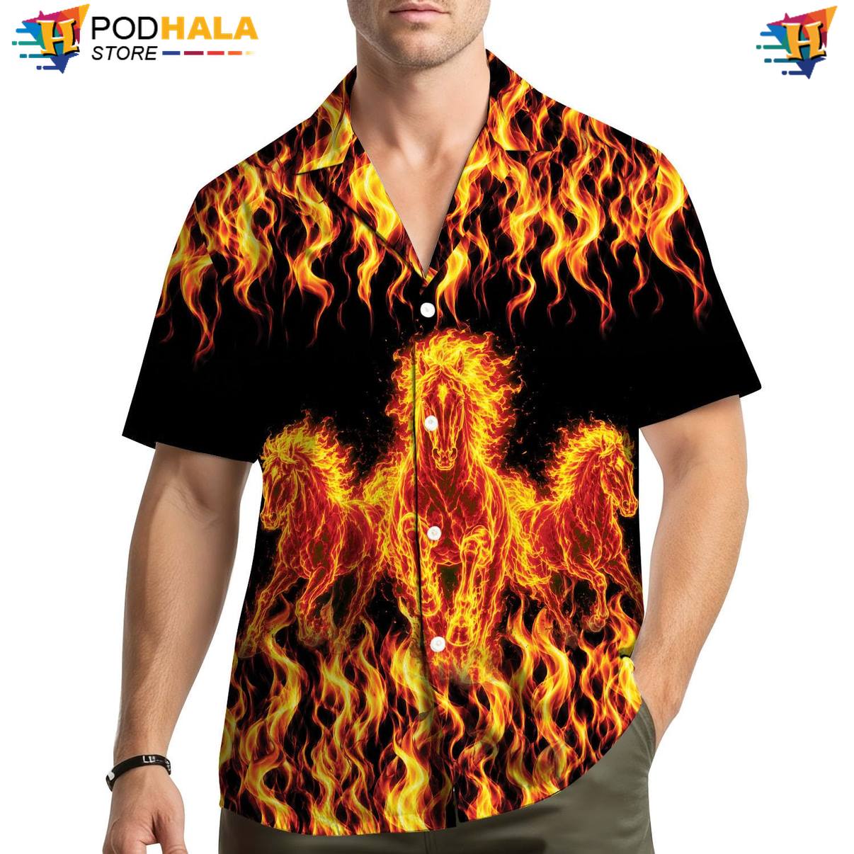 Fire Flame Horse Hawaiian Shirt Mens Tropical Island Vibe Resort Clothing