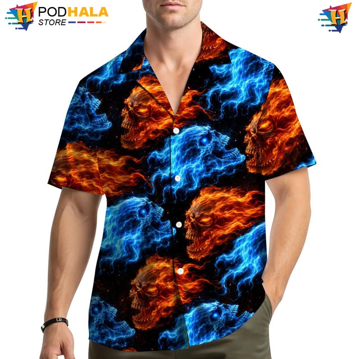 Fire Flame Skull Hawaiian Shirt Mens Novelty Luau Party Cruise Camp Clothing