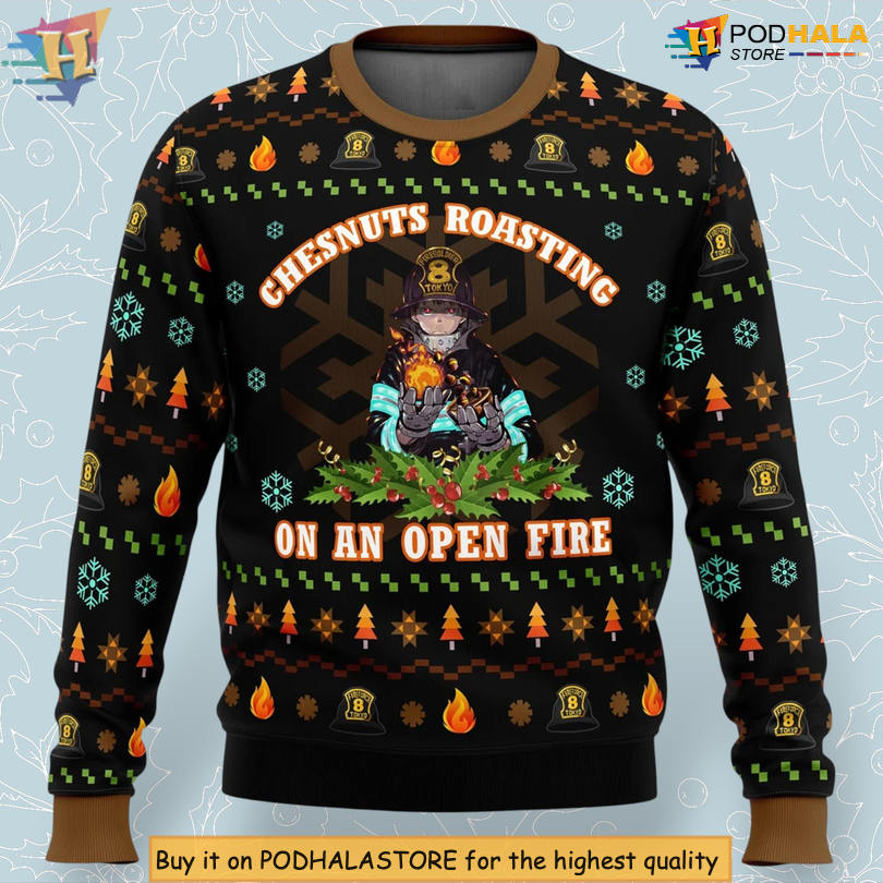 Fire Force Anime Chestnuts Roasting Scene Flame Character Pattern 3D Holiday Christmas Sweater