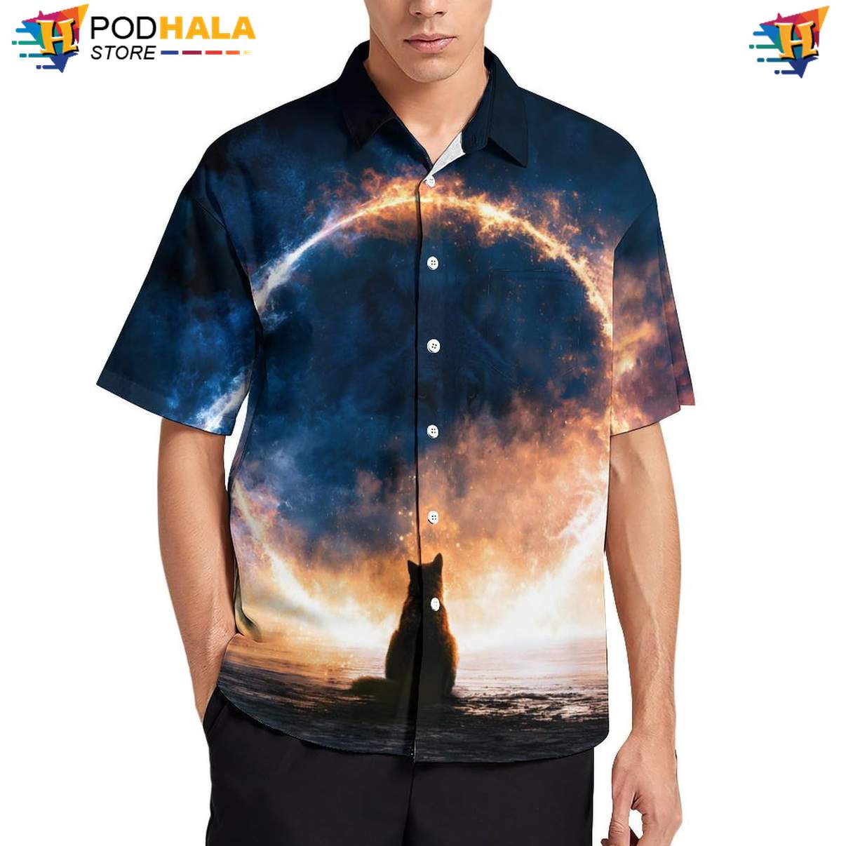 Fire Portal Wolf Aloha Shirt Mens Moon Cool Galaxy Print Casual Beach Top