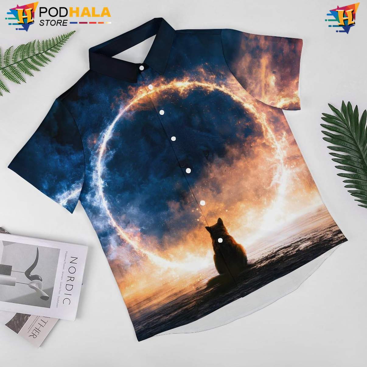 Fire Portal Wolf Tropical Shirt Mens Moon Cool Galaxy Print Casual Beach Top Fire Portal Wolf Tropical Shirt Mens Moon Cool Galaxy Print Casual Beach Top