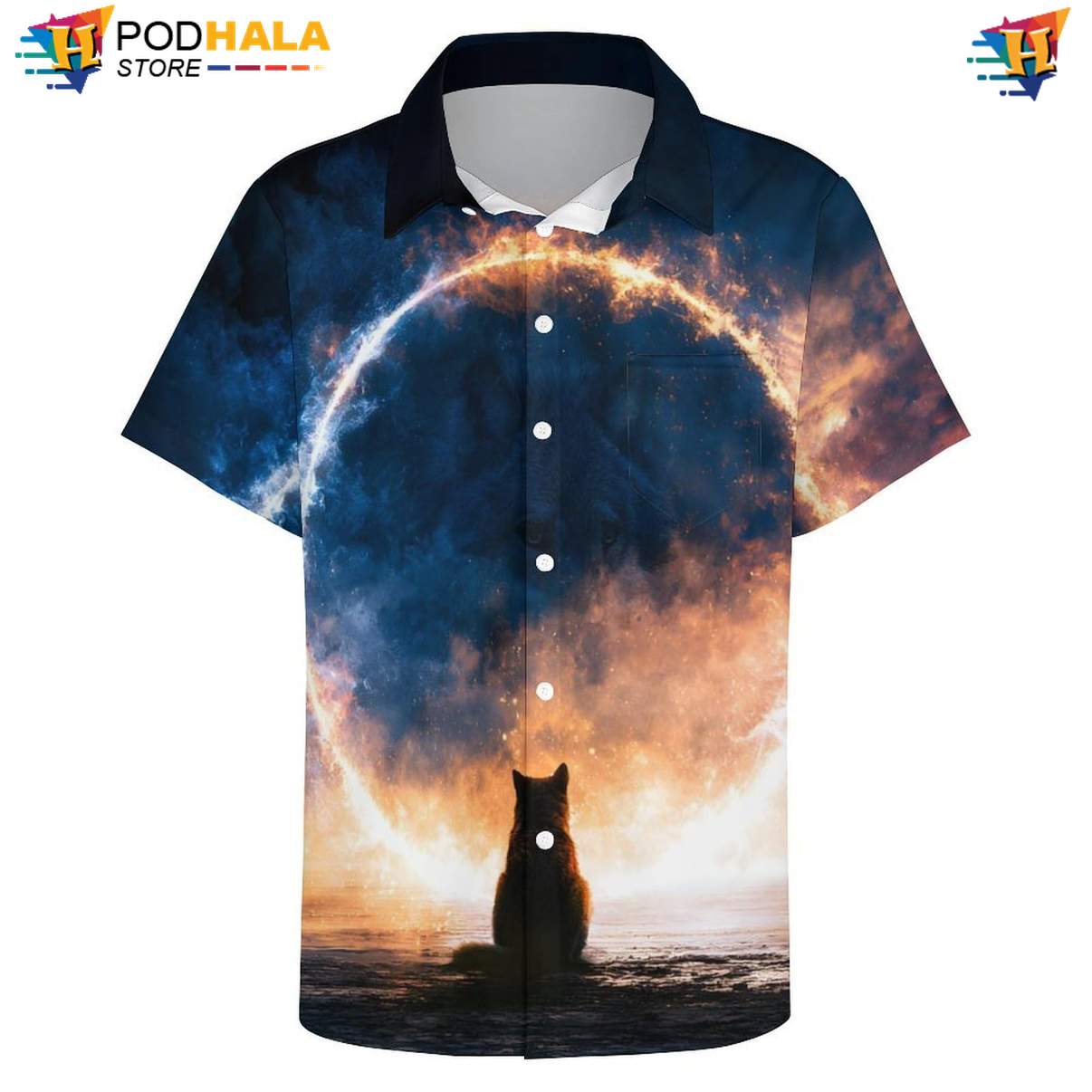 Fire Portal Wolf Short-sleeve button-up shirt Mens Moon Cool Galaxy Print Casual Beach Top Fire Portal Wolf Short-sleeve button-up shirt Mens Moon Cool Galaxy Print Casual Beach Top