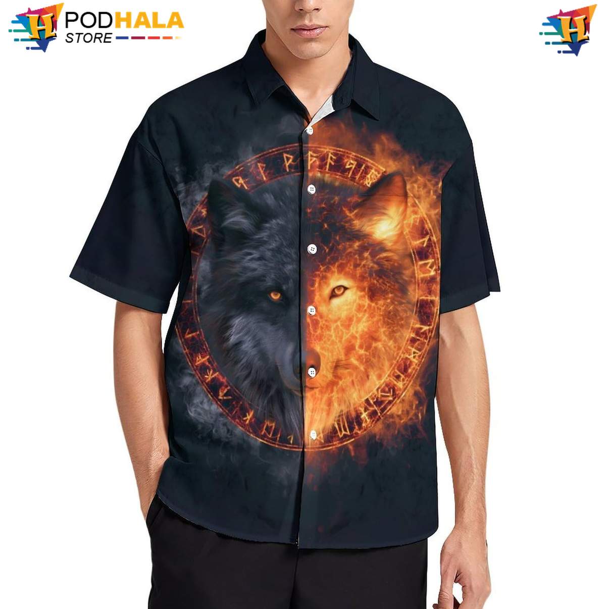 Fire Viking Black Wolf Hawaiian Shirt Mens Moon Cool Galaxy Print Beach Top