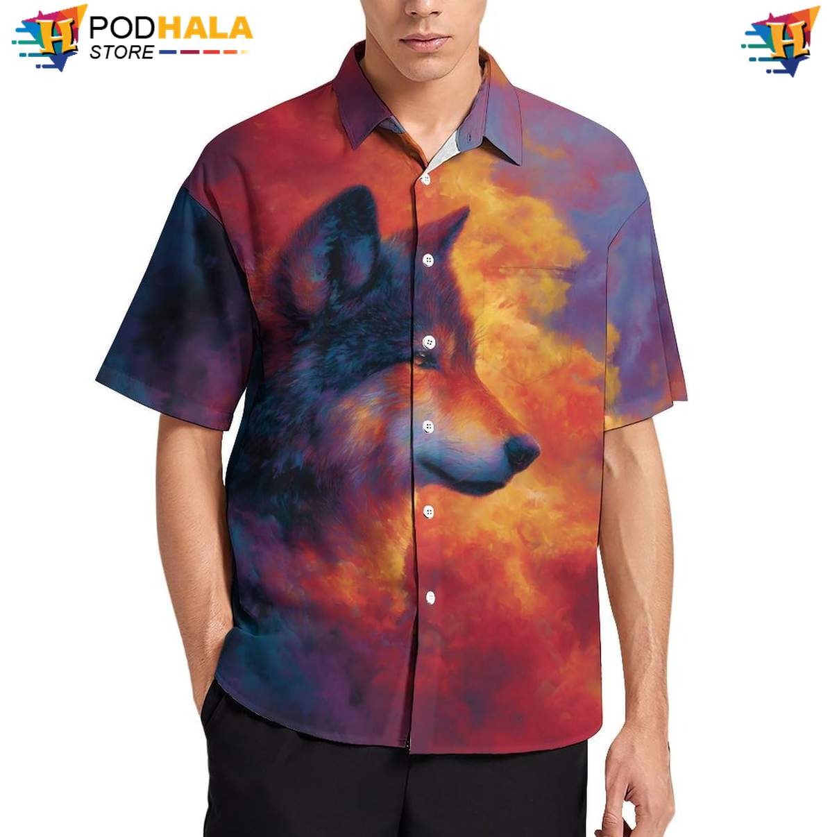 Fire Wolf Aloha Shirt Mens Cool Print Casual Graphic Tropical Beachwear