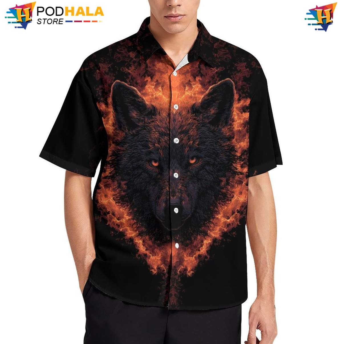 Fire Wolf Head Aloha Shirt Mens Cool Print Casual Graphic Beachwear Outfit