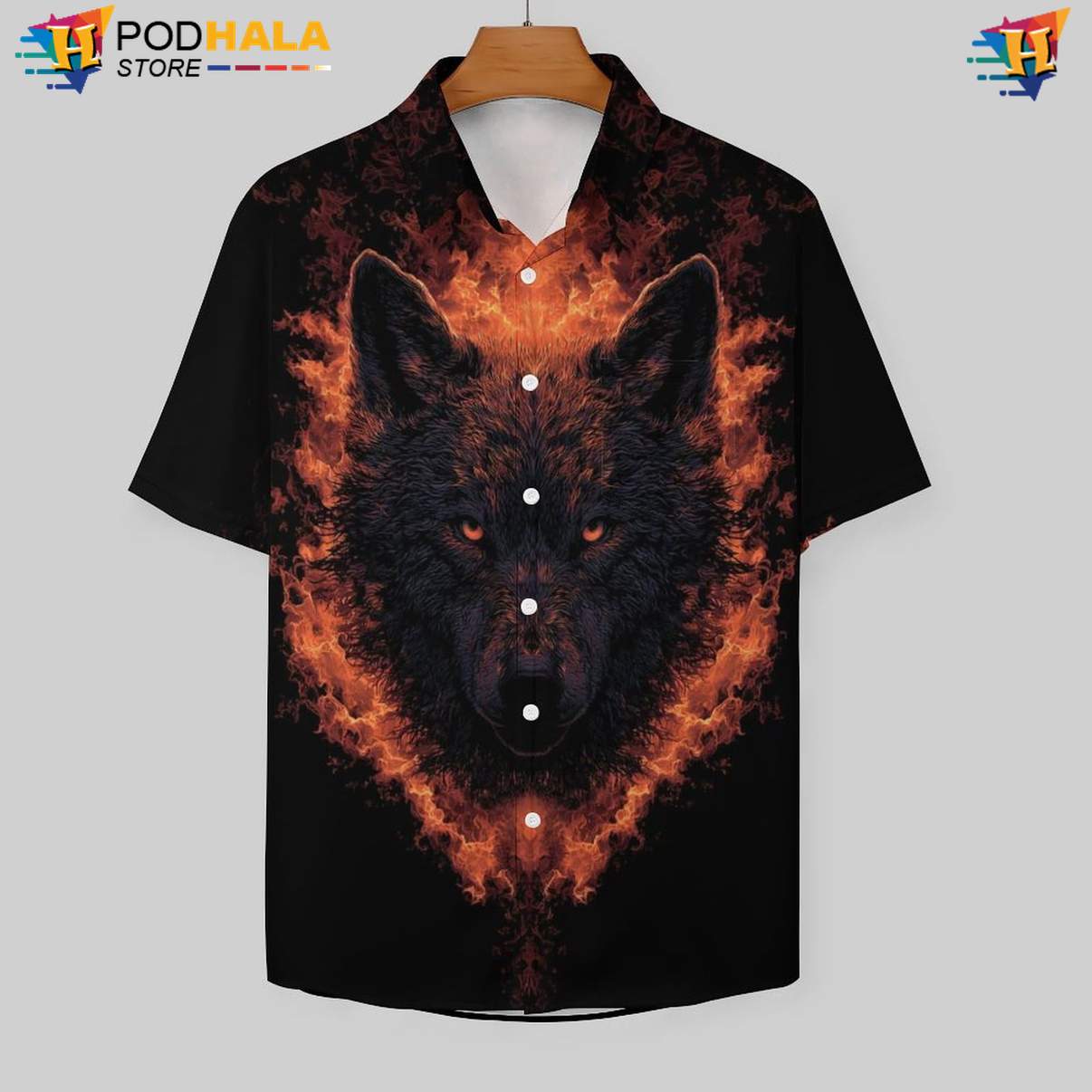 Fire Wolf Head Tropical Shirt Mens Cool Print Casual Graphic Beachwear Outfit Fire Wolf Head Tropical Shirt Mens Cool Print Casual Graphic Beachwear Outfit