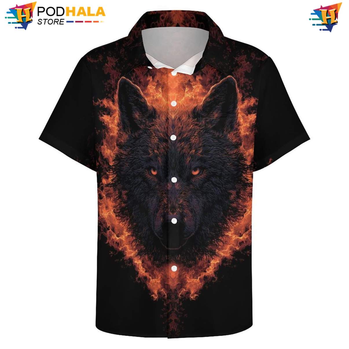 Fire Wolf Head Short-sleeve button-up shirt Mens Cool Print Casual Graphic Beachwear Outfit Fire Wolf Head Short-sleeve button-up shirt Mens Cool Print Casual Graphic Beachwear Outfit