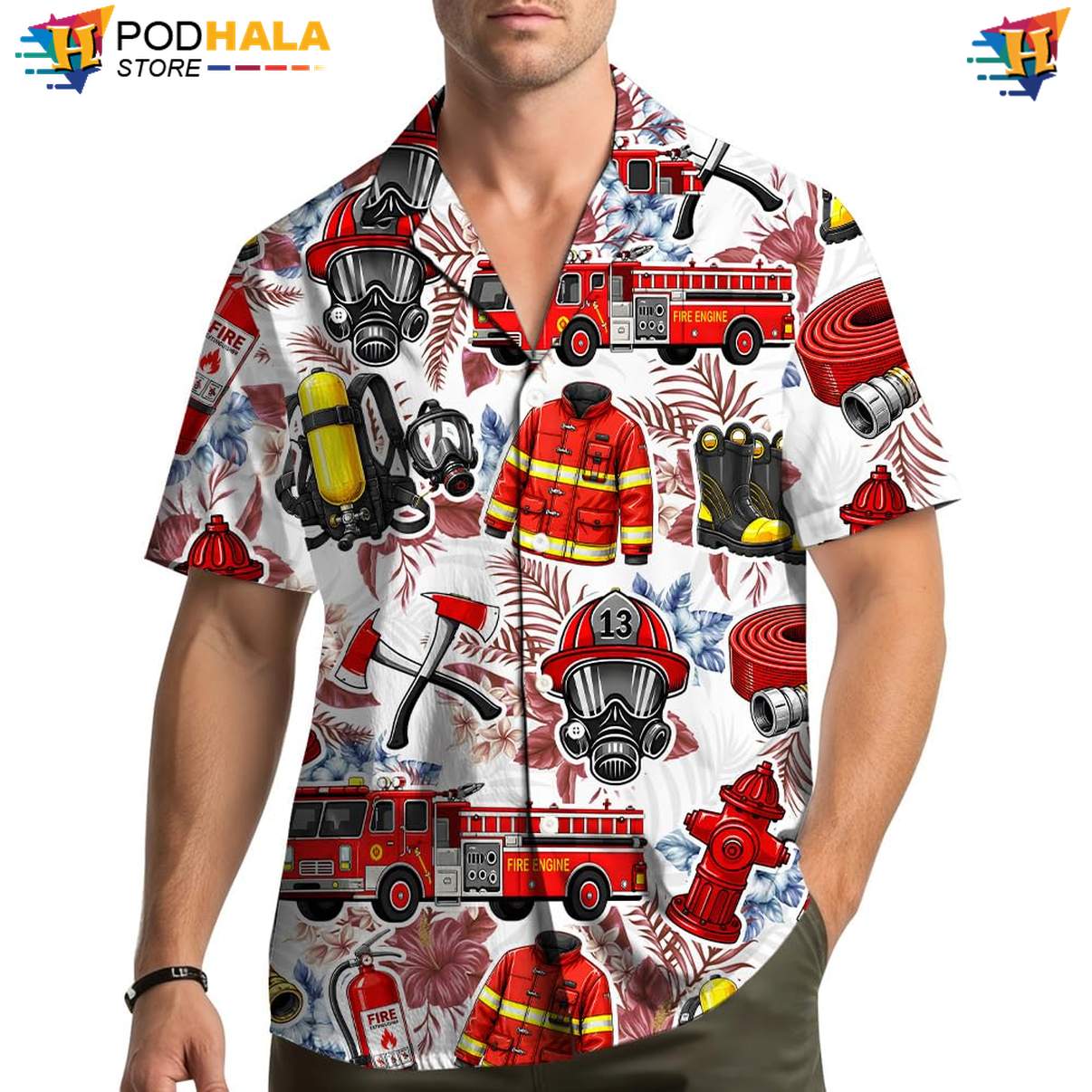 Firefighter Airplane Hawaiian Shirt Mens Patriotic Military Plane Apparel