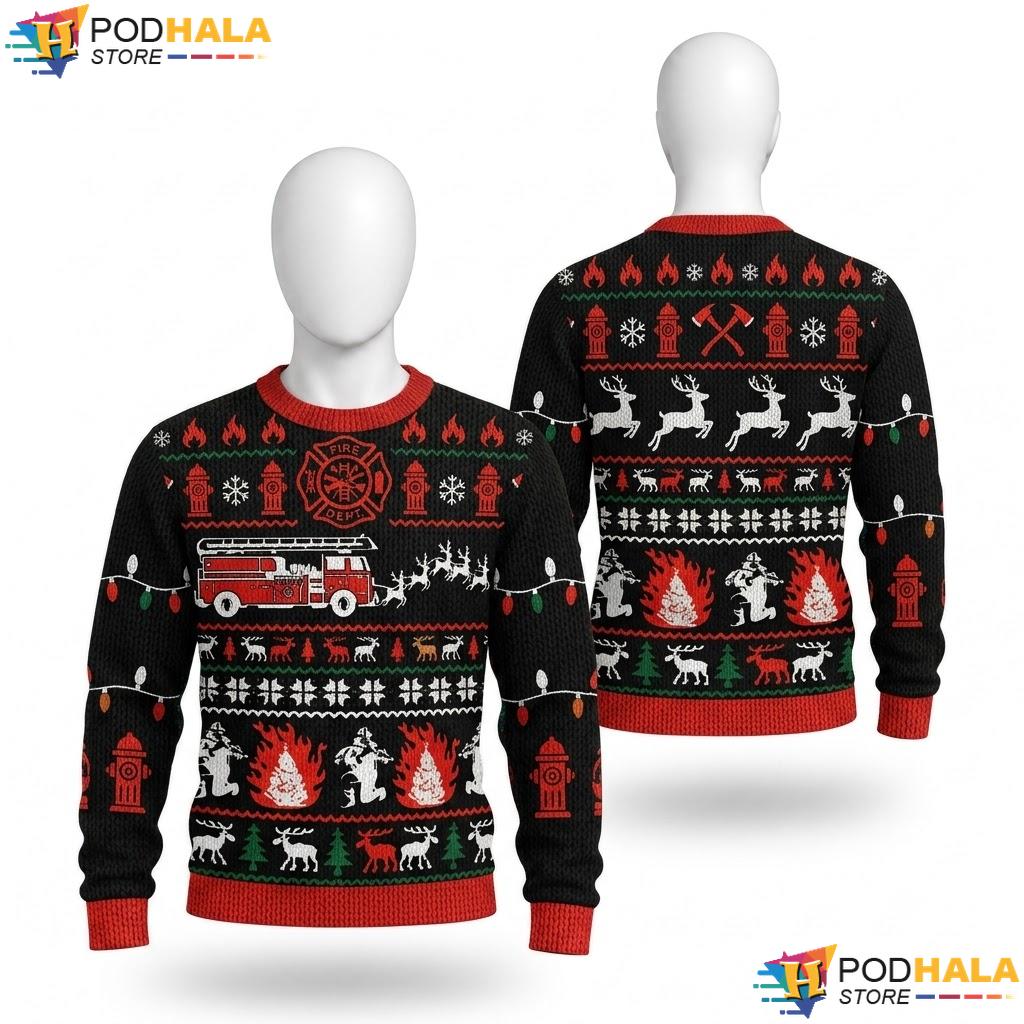 Firefighter Fire Truck Ugly Christmas Sweater Funny Fireman Top