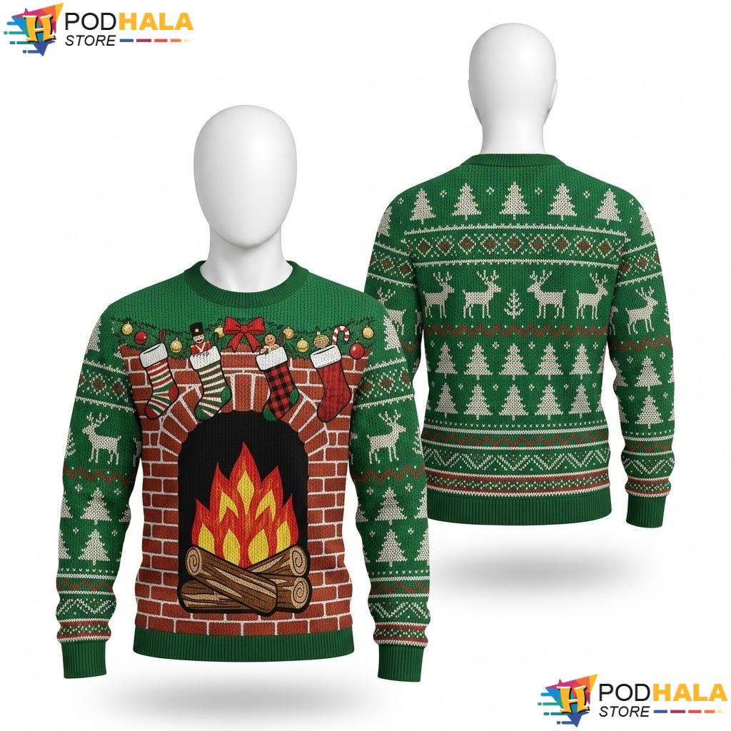 Fireplace Cozy Ugly Christmas Sweater Festive Holiday Motif Pullover