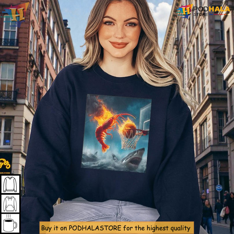 Fishing Meme Humor Sweatshirt Featuring Shrimp Dunking On Shark Mid Fun Graphic
