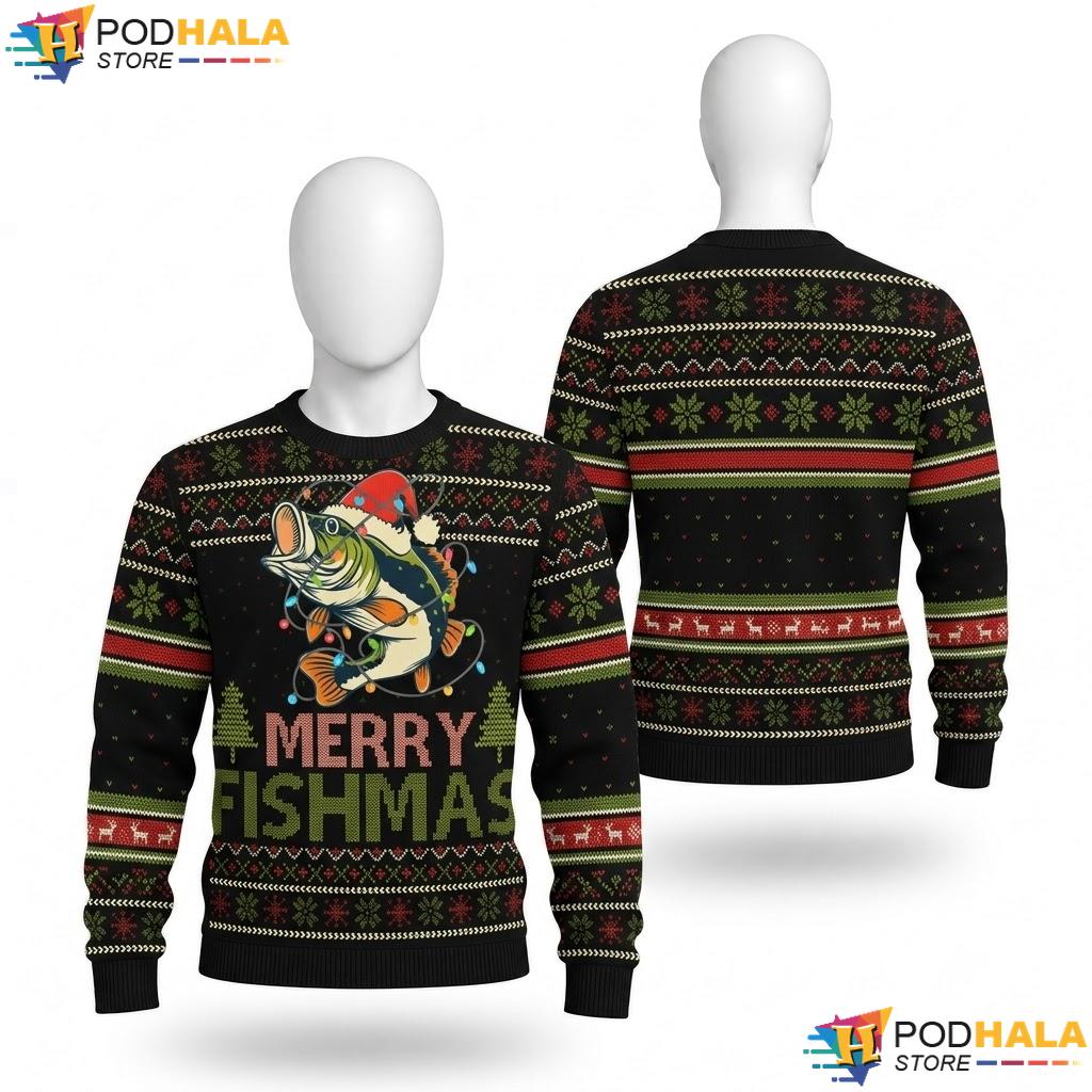 Fishmas Large Mouth Bass Ugly Christmas Sweater Funny Fishing Top