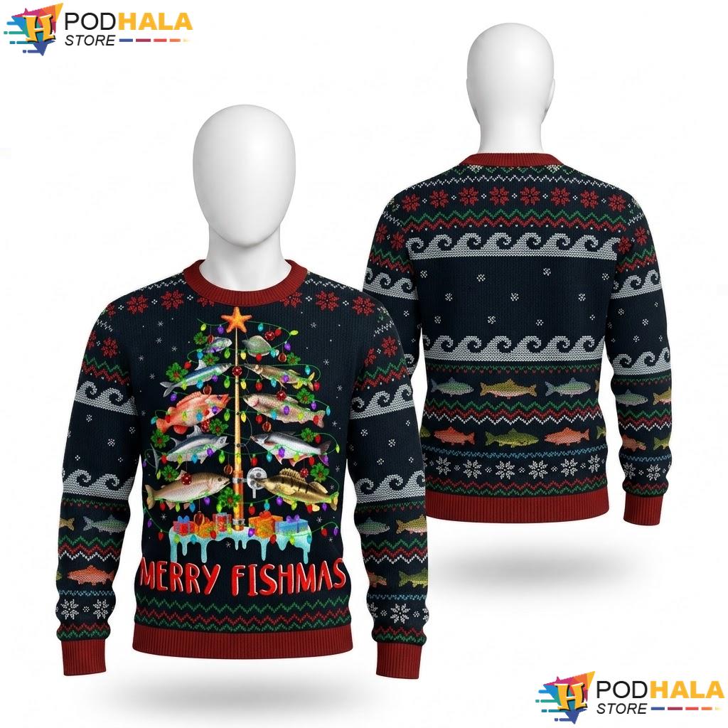 Fishmas Tree Lights Ugly Christmas Sweater Funny Fishing Rod Top