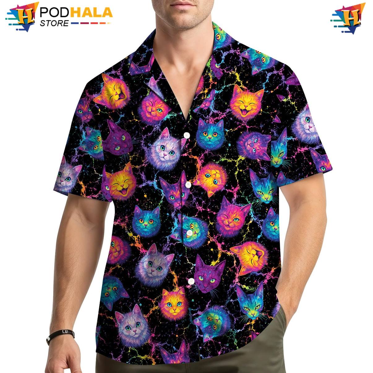 Flame Neon Cat Hawaiian Shirt Mens Weekend Vacation Luau Party Button Down