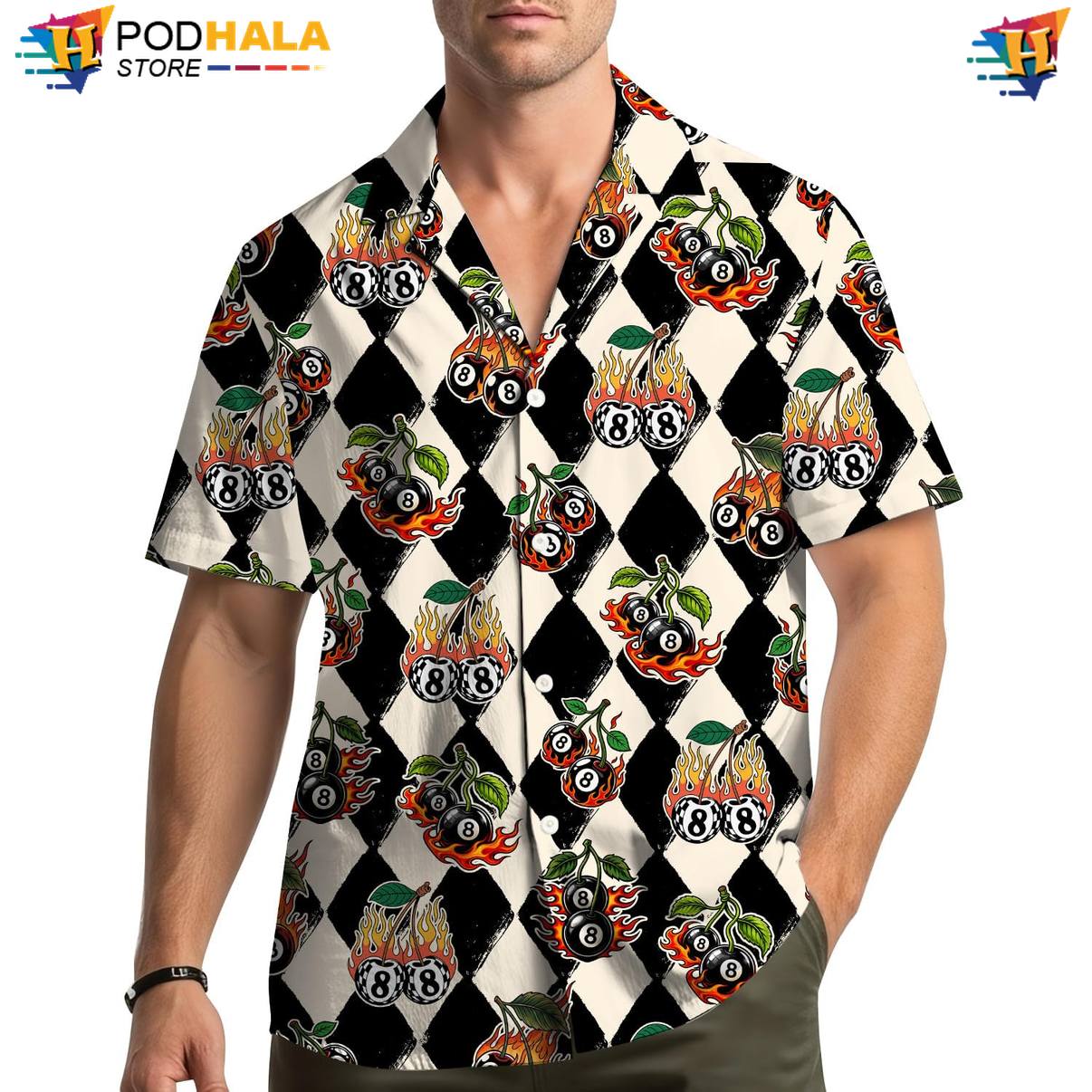 Flaming 8 Ball Hawaiian Shirt Mens Tropical Luau Party Resort Button Down
