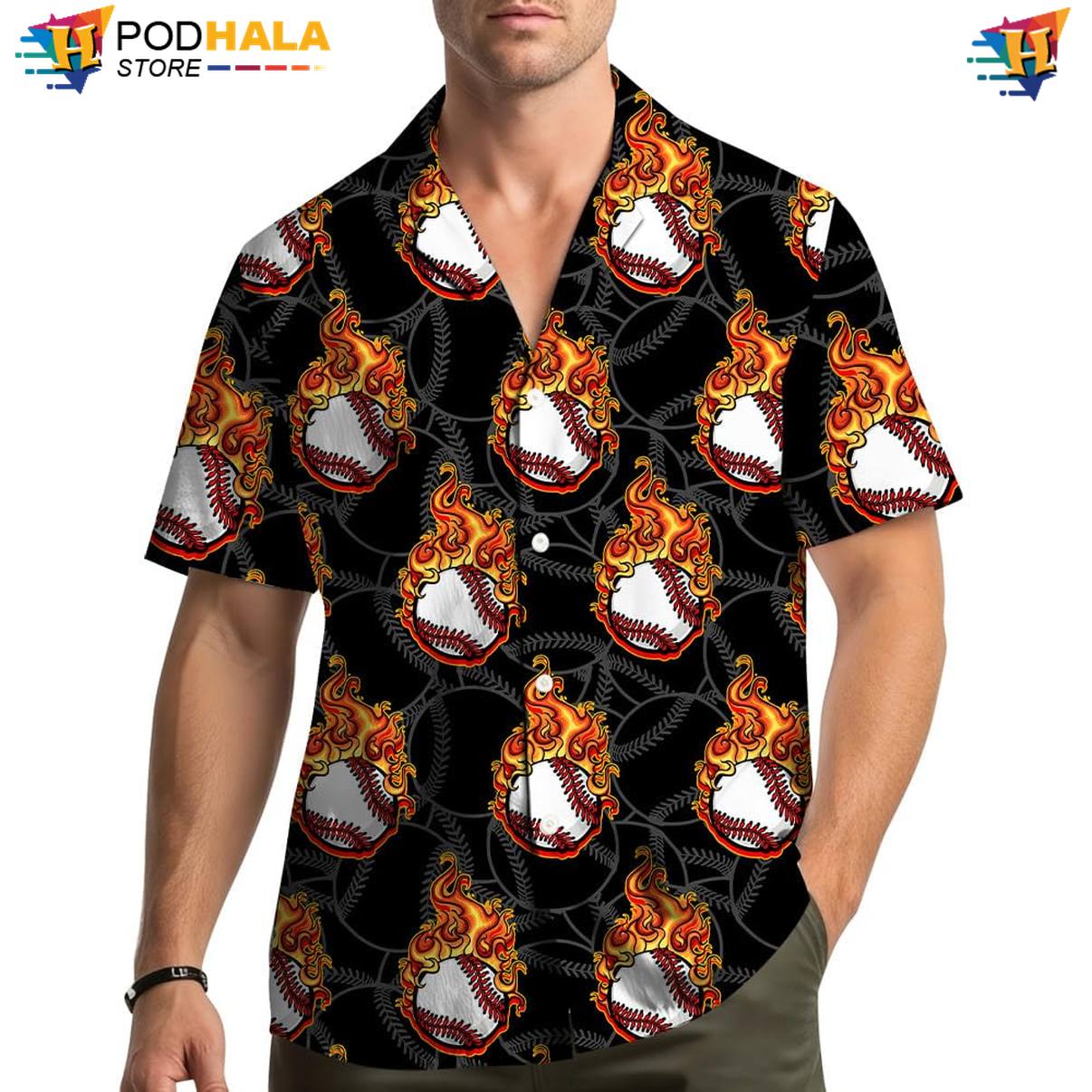 Flaming Baseball Aloha Shirt Mens Tropical Beach Festival Resort Button Down