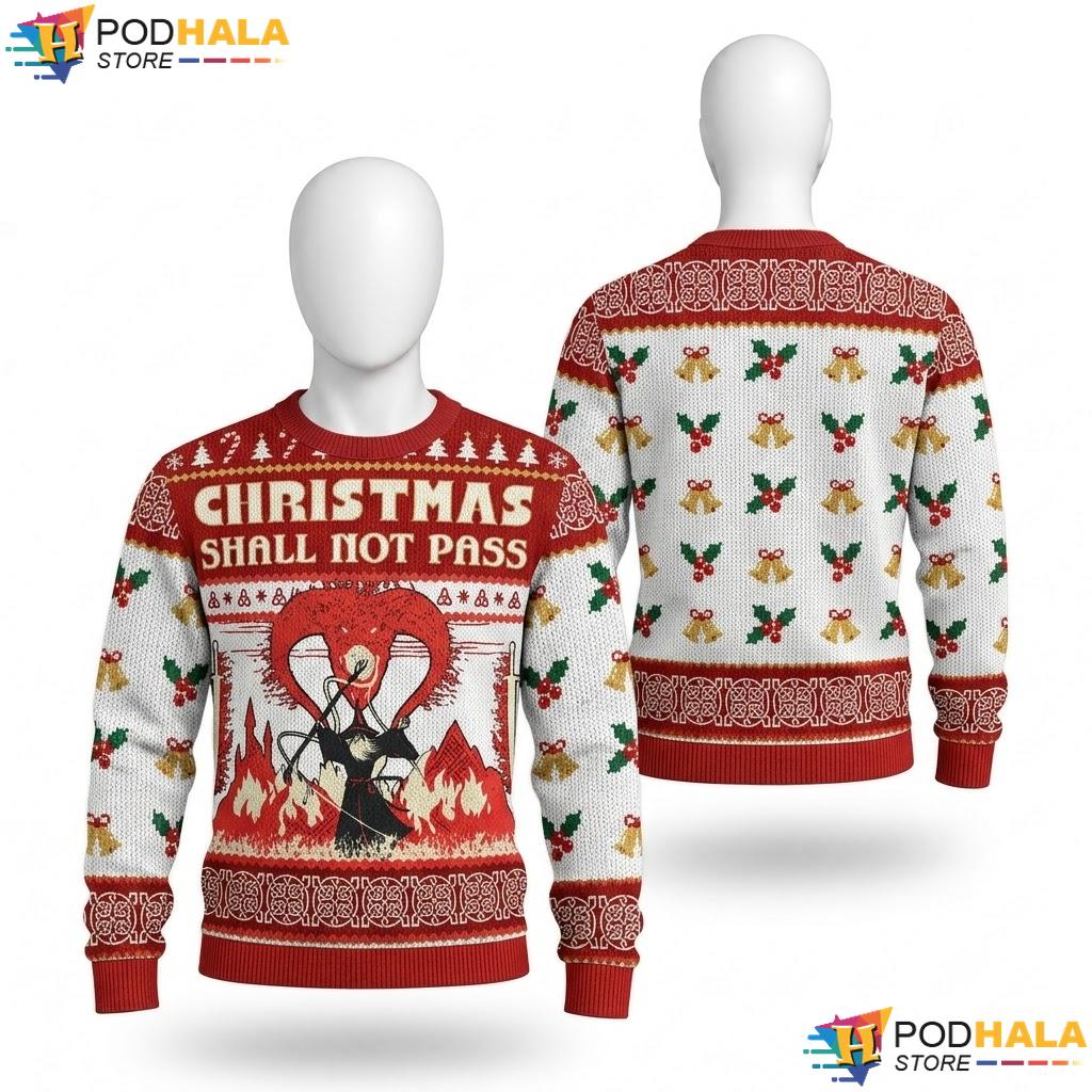 Flaming Wizard Shall Not Pass Ugly Christmas Sweater Funny Xmas Top