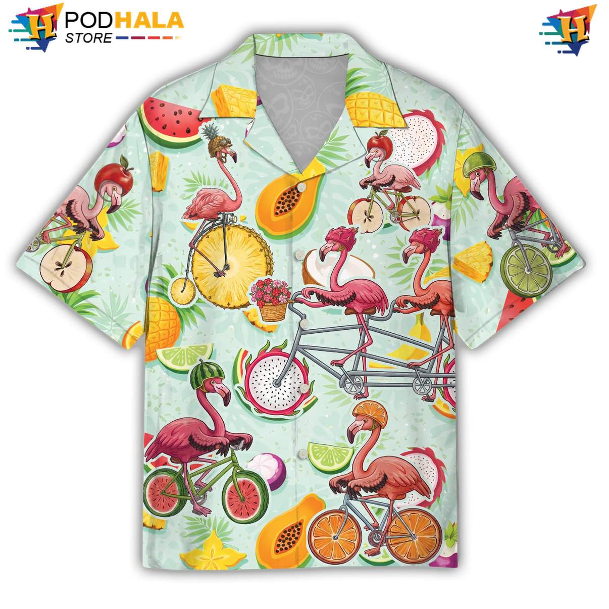 Flamingo Bicycle Aloha Shirt Mens Tropical Beach Button Down Vacation Outfit