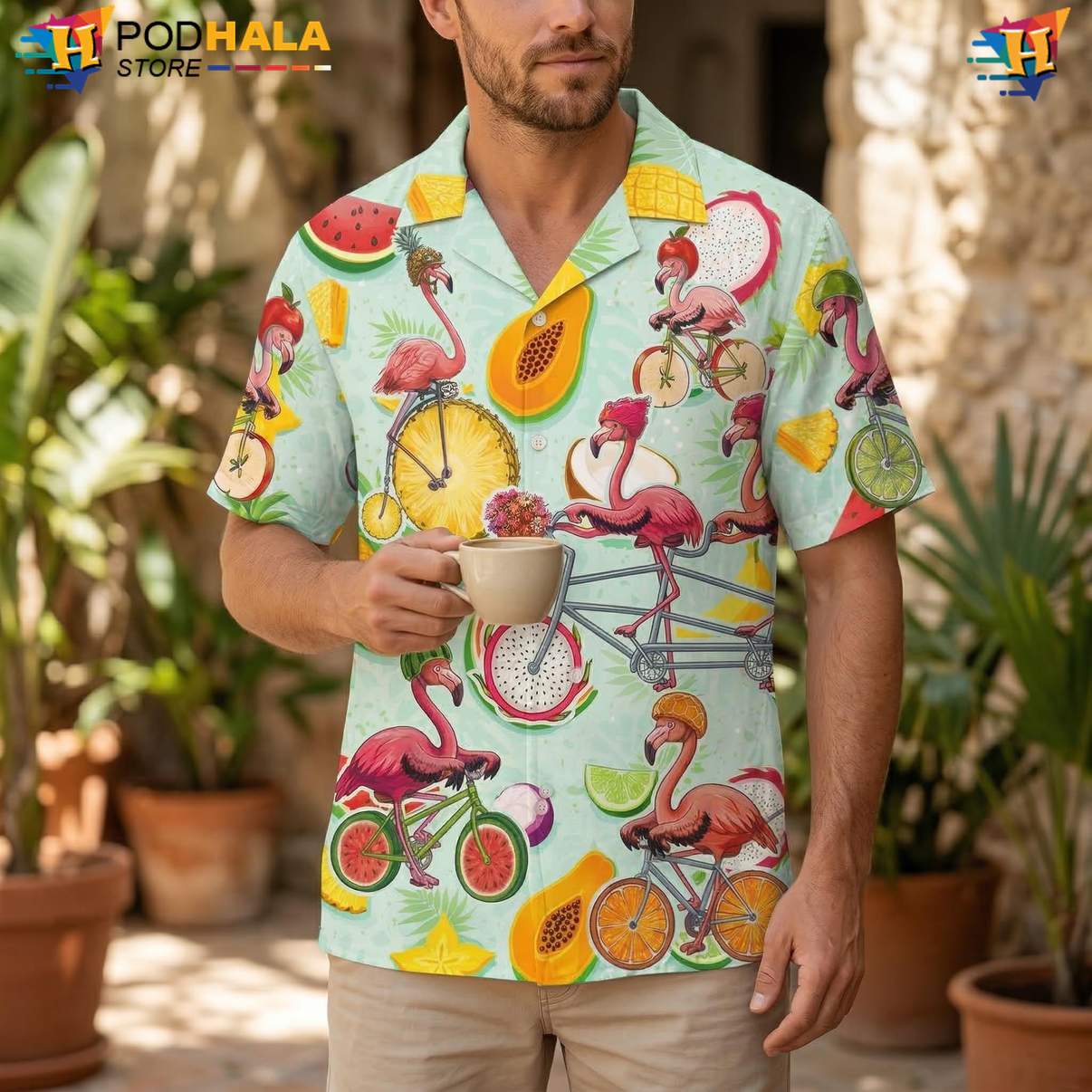 Flamingo Bicycle Short-sleeve button-up shirt Mens Tropical Beach Button Down Vacation Outfit Flamingo Bicycle Short-sleeve button-up shirt Mens Tropical Beach Button Down Vacation Outfit
