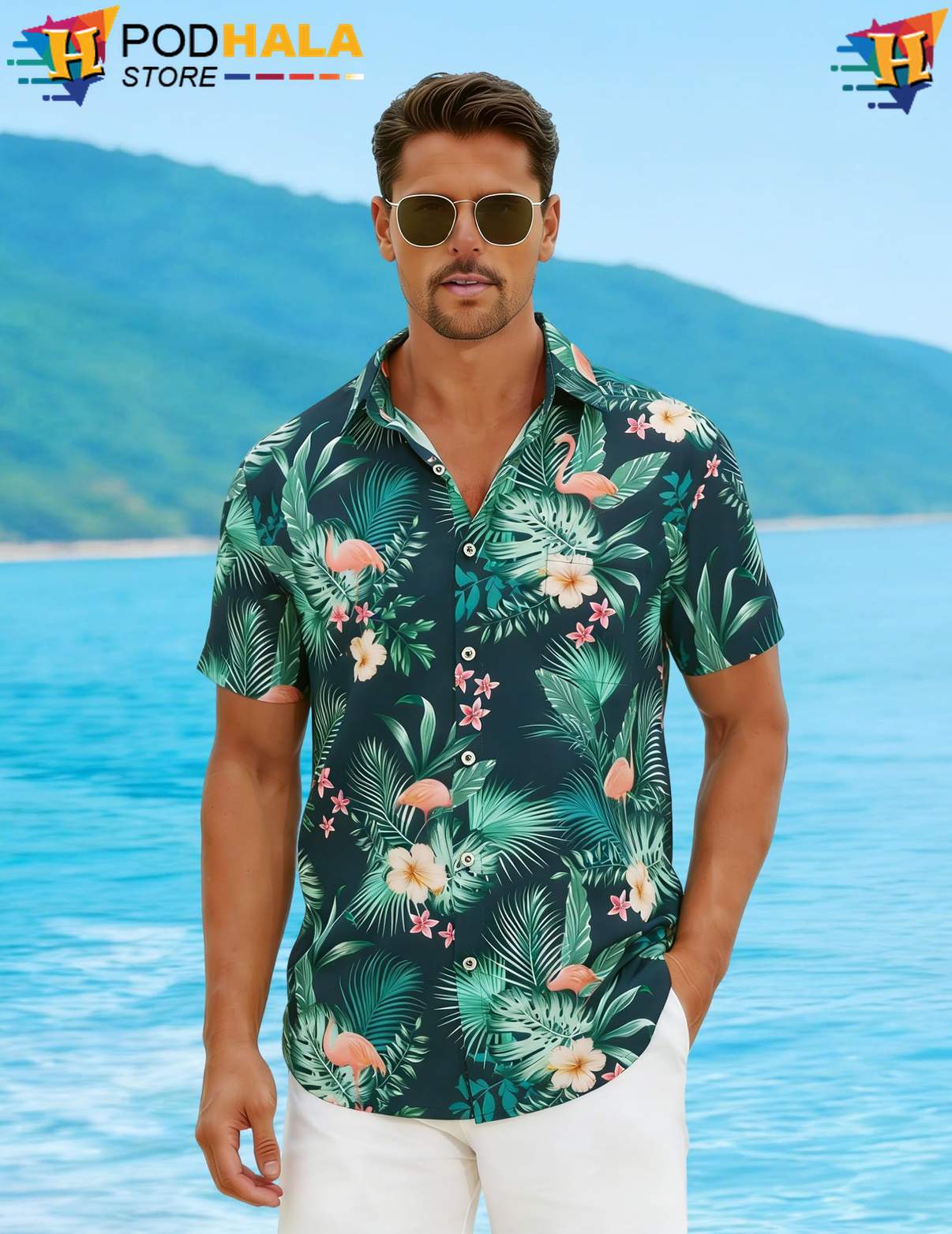 Flamingo Green Hawaiian Shirt Mens Short Sleeve Casual Summer Beach Outfit