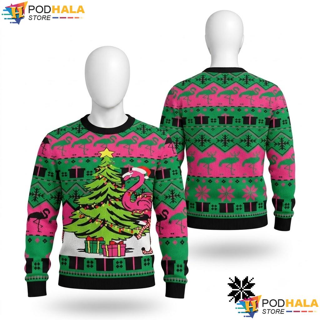 Flamingo Pink Tree Ugly Xmas Sweater Funny Christmas Mens Pullover