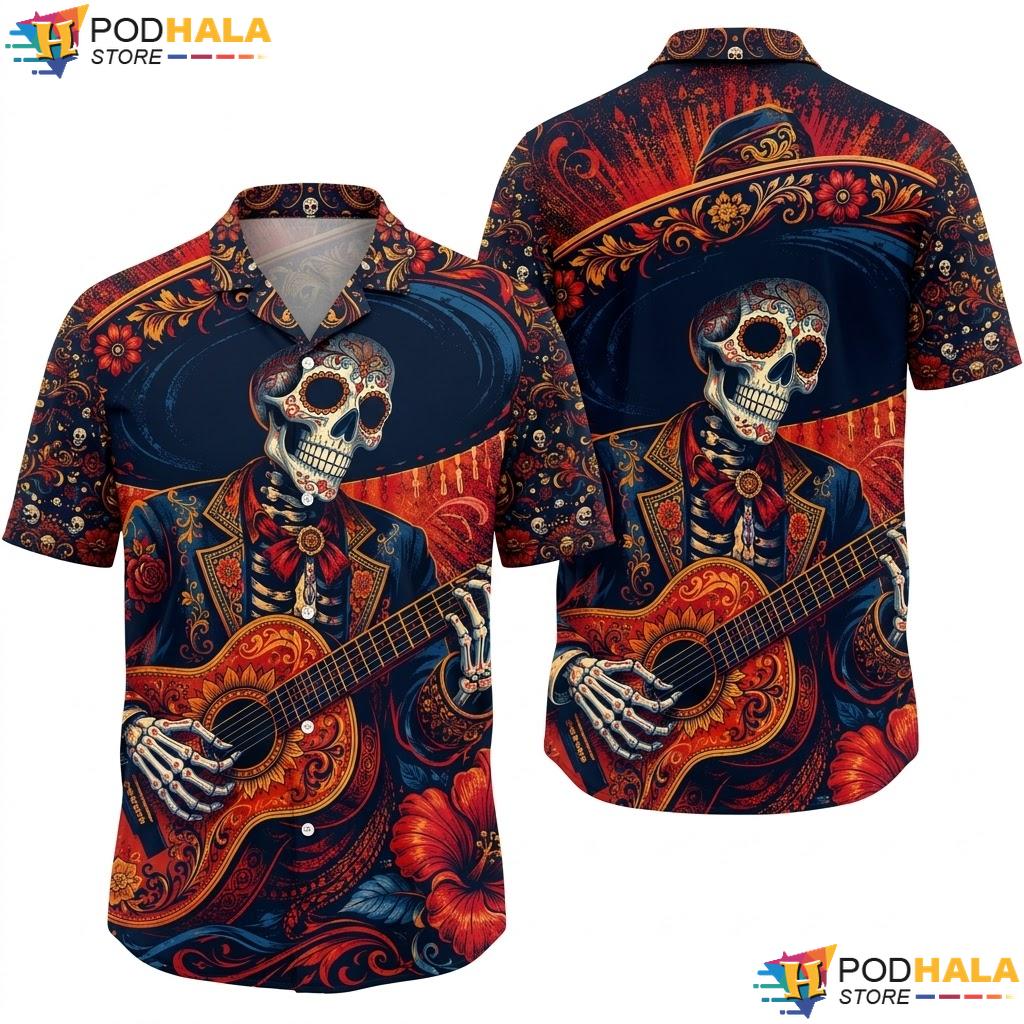 Floral Skeleton Guitar Aloha Shirt Vintage Vibrant Casual Summer Top