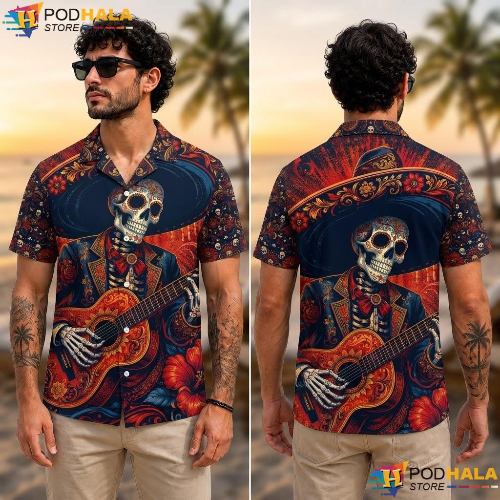 Floral Skeleton Guitar Tropical Shirt Vintage Vibrant Casual Summer Top Floral Skeleton Guitar Tropical Shirt Vintage Vibrant Casual Summer Top