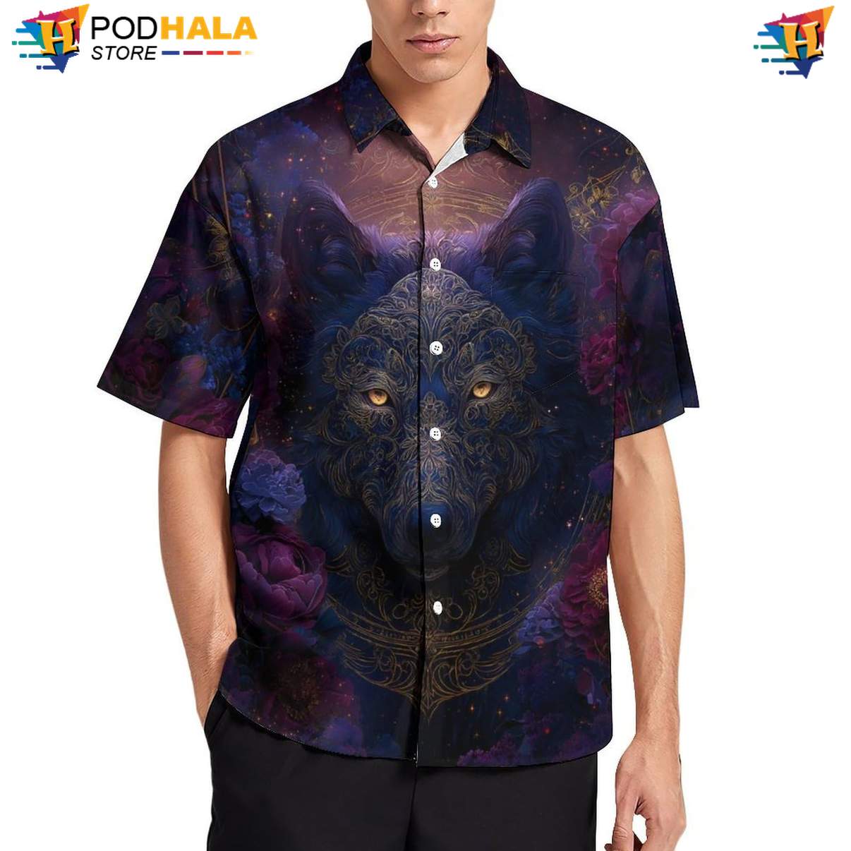 Floral Wolf Hawaiian Shirt Mens Cool Print Casual Graphic Holiday Vacation