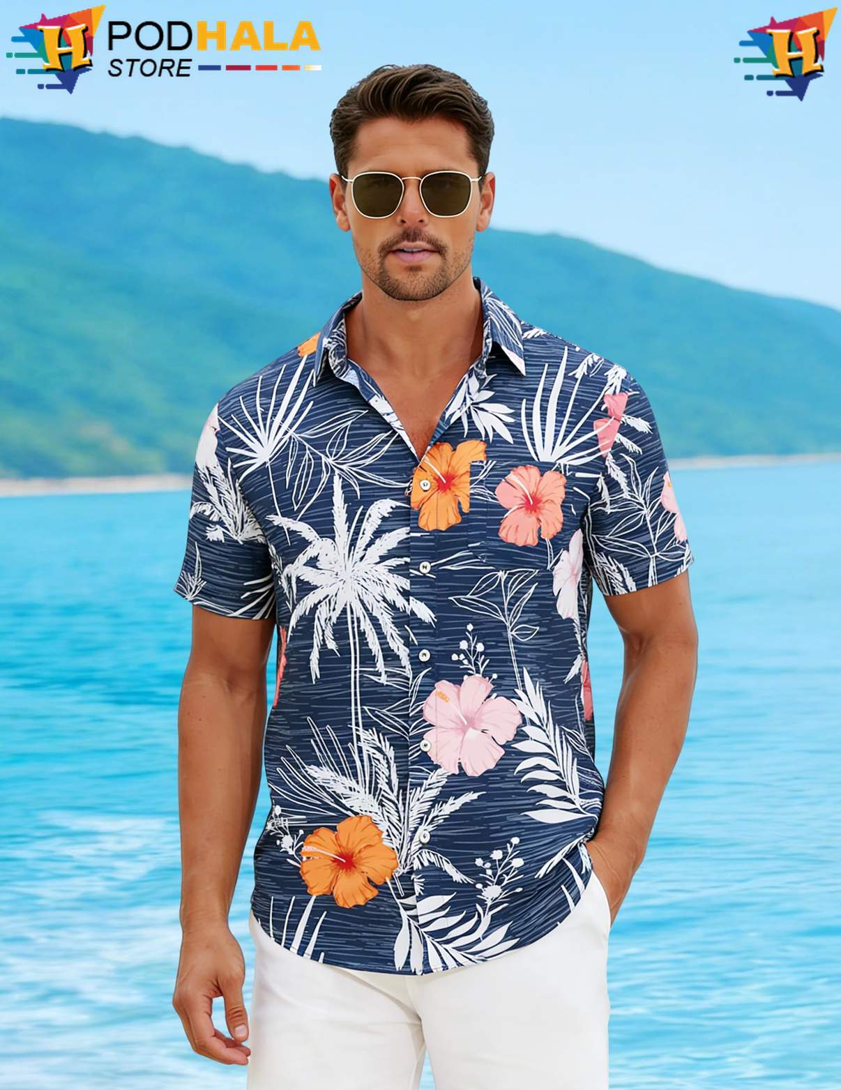 Flower Blue Hawaiian Shirt Mens Short Sleeve Button Down Casual Beach Top