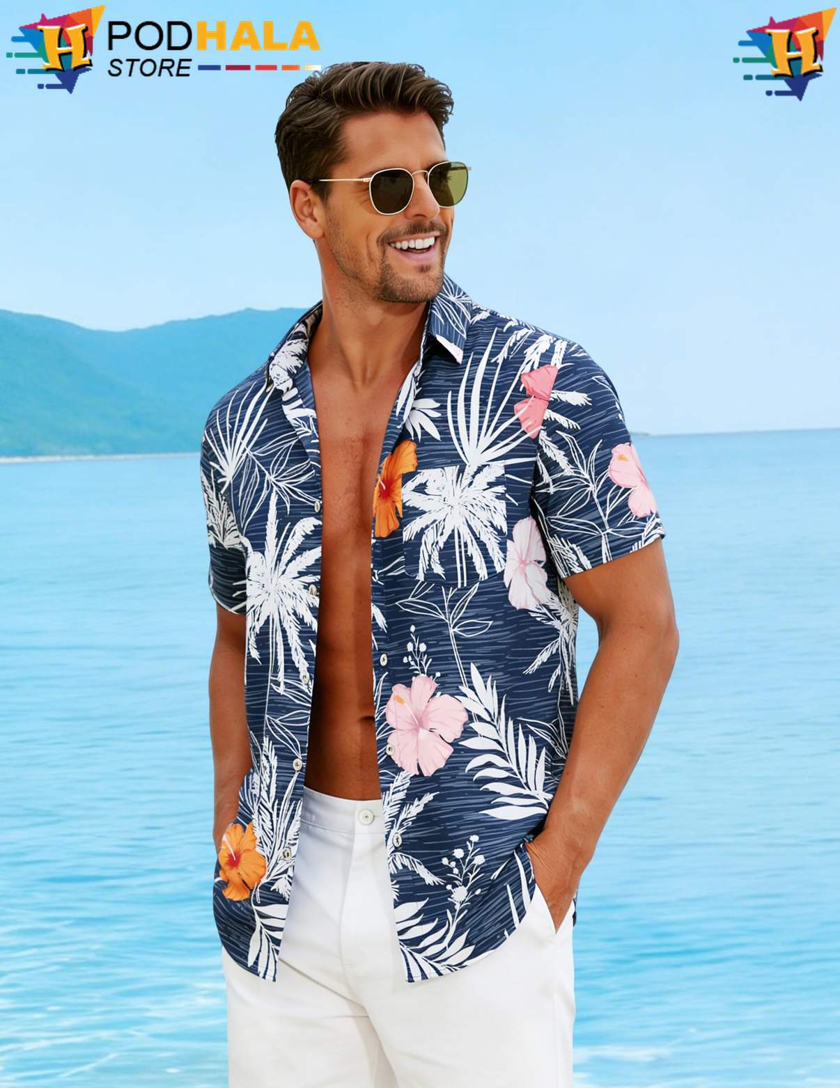 Flower Blue Aloha Shirt Mens Short Sleeve Button Down Casual Beach Top Flower Blue Aloha Shirt Mens Short Sleeve Button Down Casual Beach Top