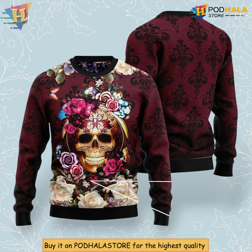 Flower Skull Illustration Pattern Artistic Design Themed Winter Christmas Sweater