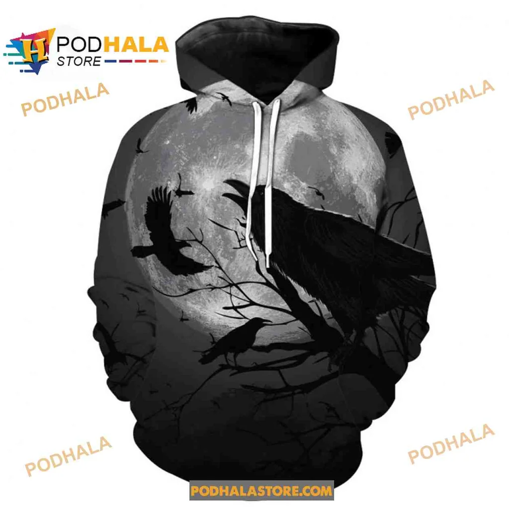 Flying Crows Gray Moon 3d Hoodie For Halloween