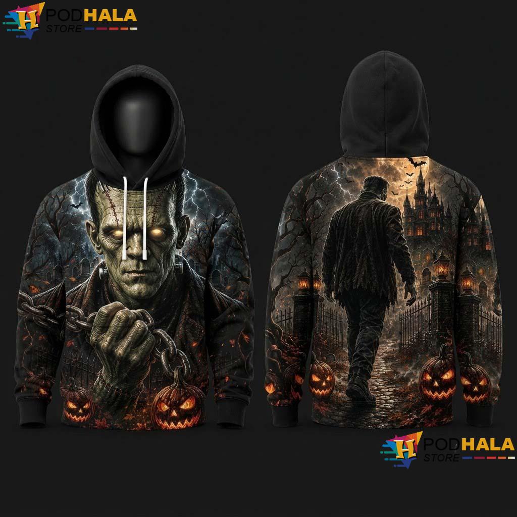 Frankenstein Halloween 3D Hoodie Horror Monster Vintage Castle Apparel