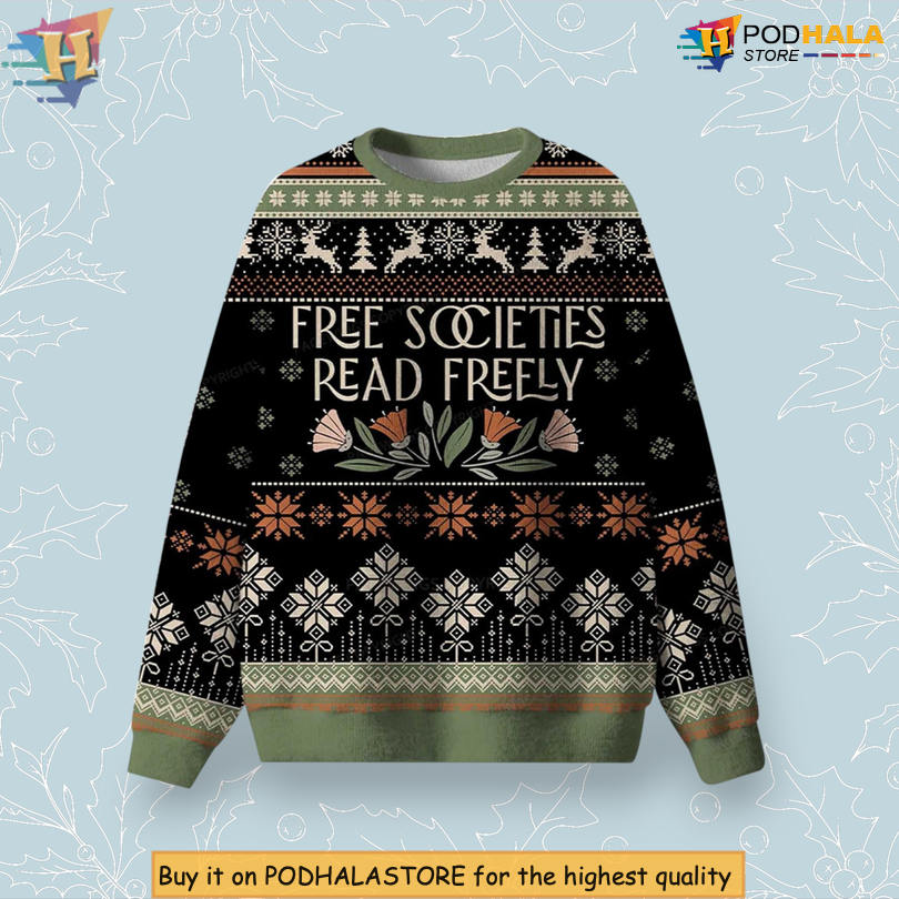 Free Societies Read Freely Book Lover Quote Scene Creative Holiday Christmas Sweater