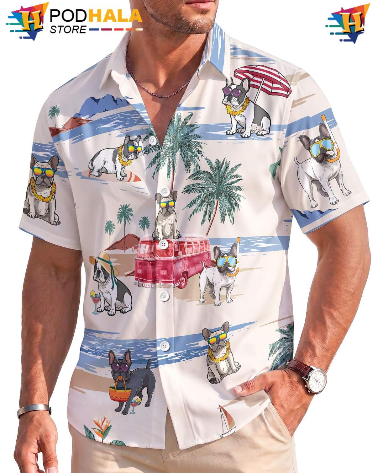 French Bulldog Hawaiian Shirt Mens Stretch Beach Resort Wear Holiday Outfit