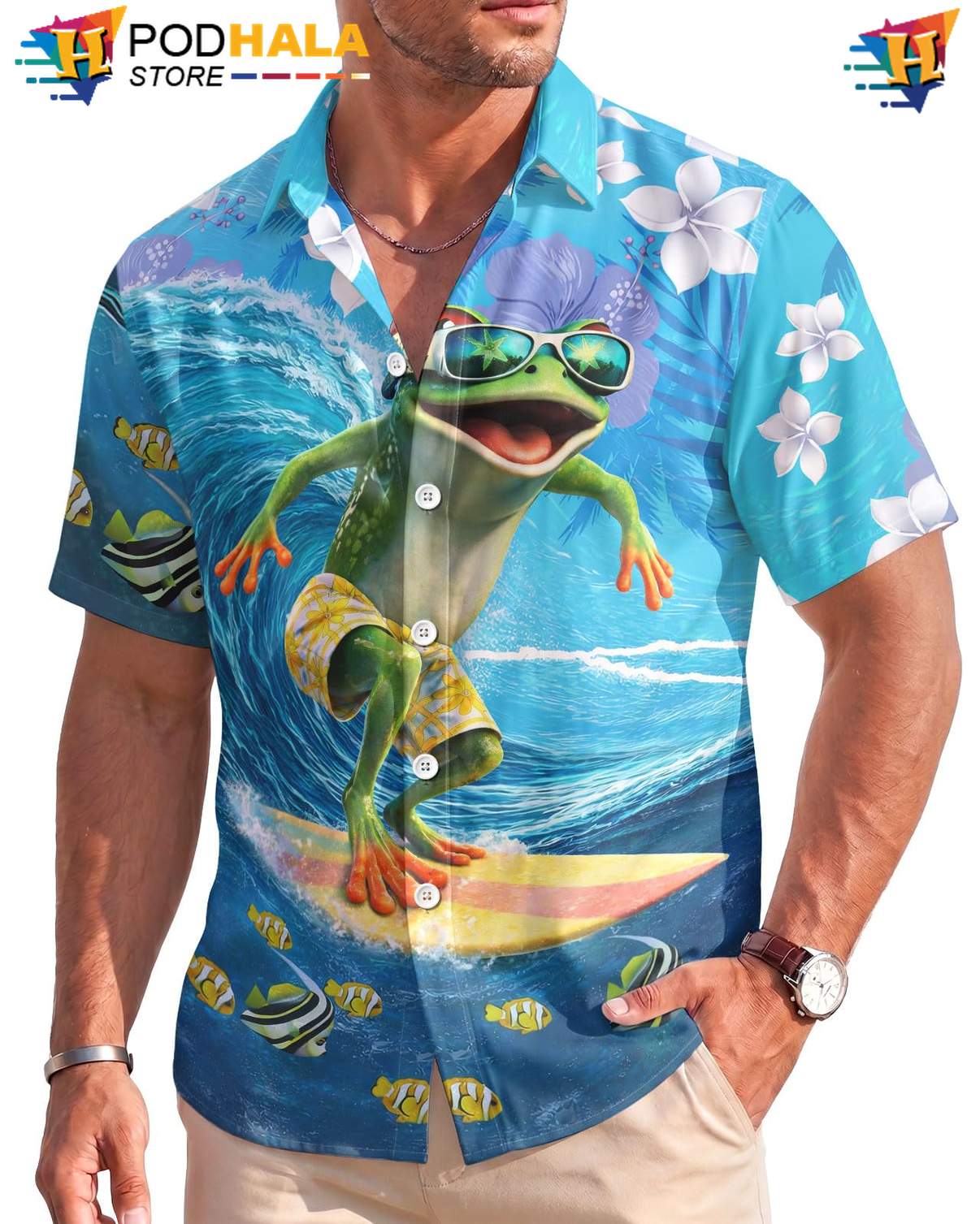 Frog Surfing Aloha Shirt Mens Tropical Lightweight Stretch Beach Resort Top