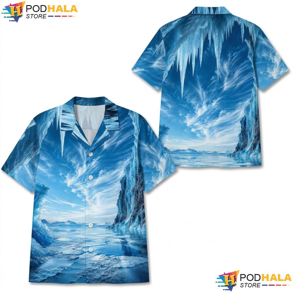 Frozen Iceberg Aloha Shirt Vibrant Blue Ocean Graphic Casual Button Up