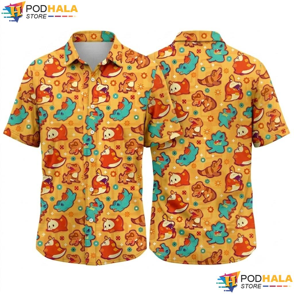 Fuecoco Totodile Button Up Shirt Dinosaur Pattern Summer Beach Top