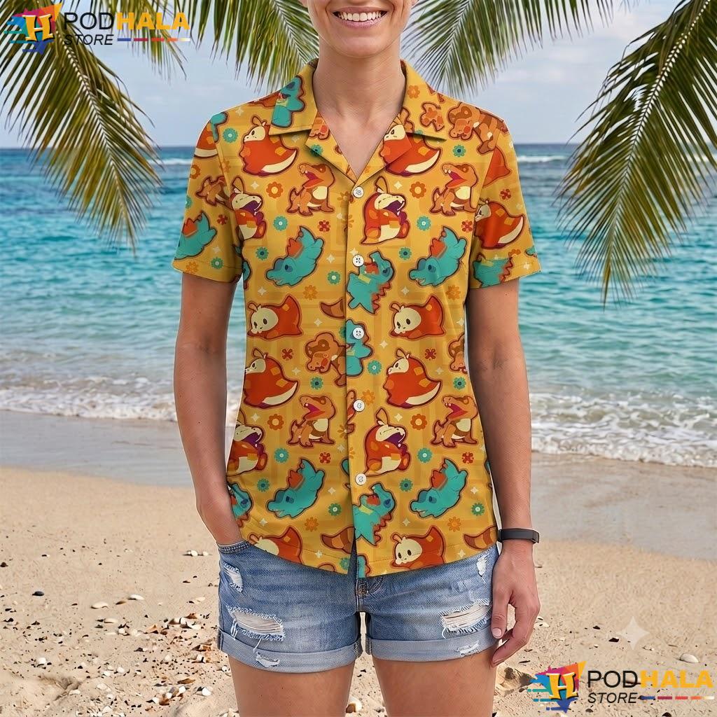 Fuecoco Totodile Button Up T-Shirt Dinosaur Pattern Summer Beach Top Fuecoco Totodile Button Up T-Shirt Dinosaur Pattern Summer Beach Top