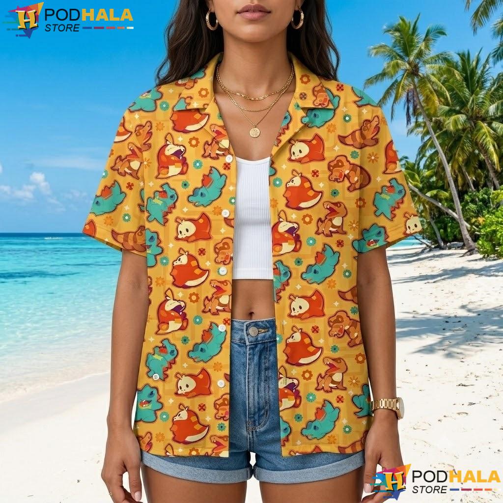 Fuecoco Totodile Button Up Tshirt Dinosaur Pattern Summer Beach Top Fuecoco Totodile Button Up Tshirt Dinosaur Pattern Summer Beach Top