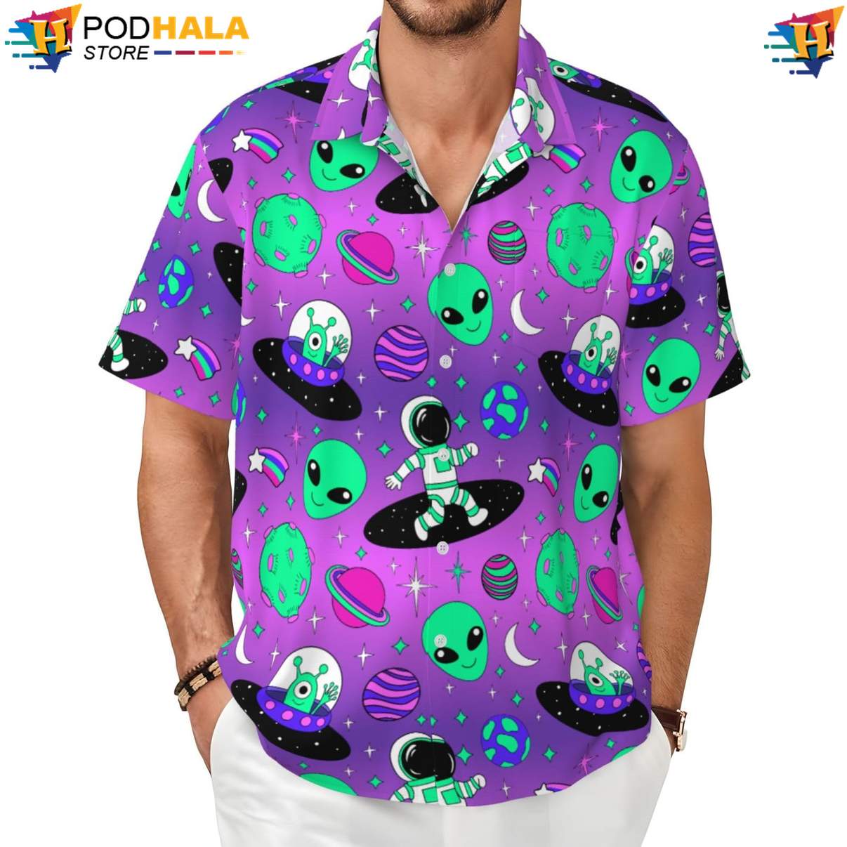 Funny Alien Hawaiian Shirt Novelty Mens Short Sleeve Button Up Beach Outfit