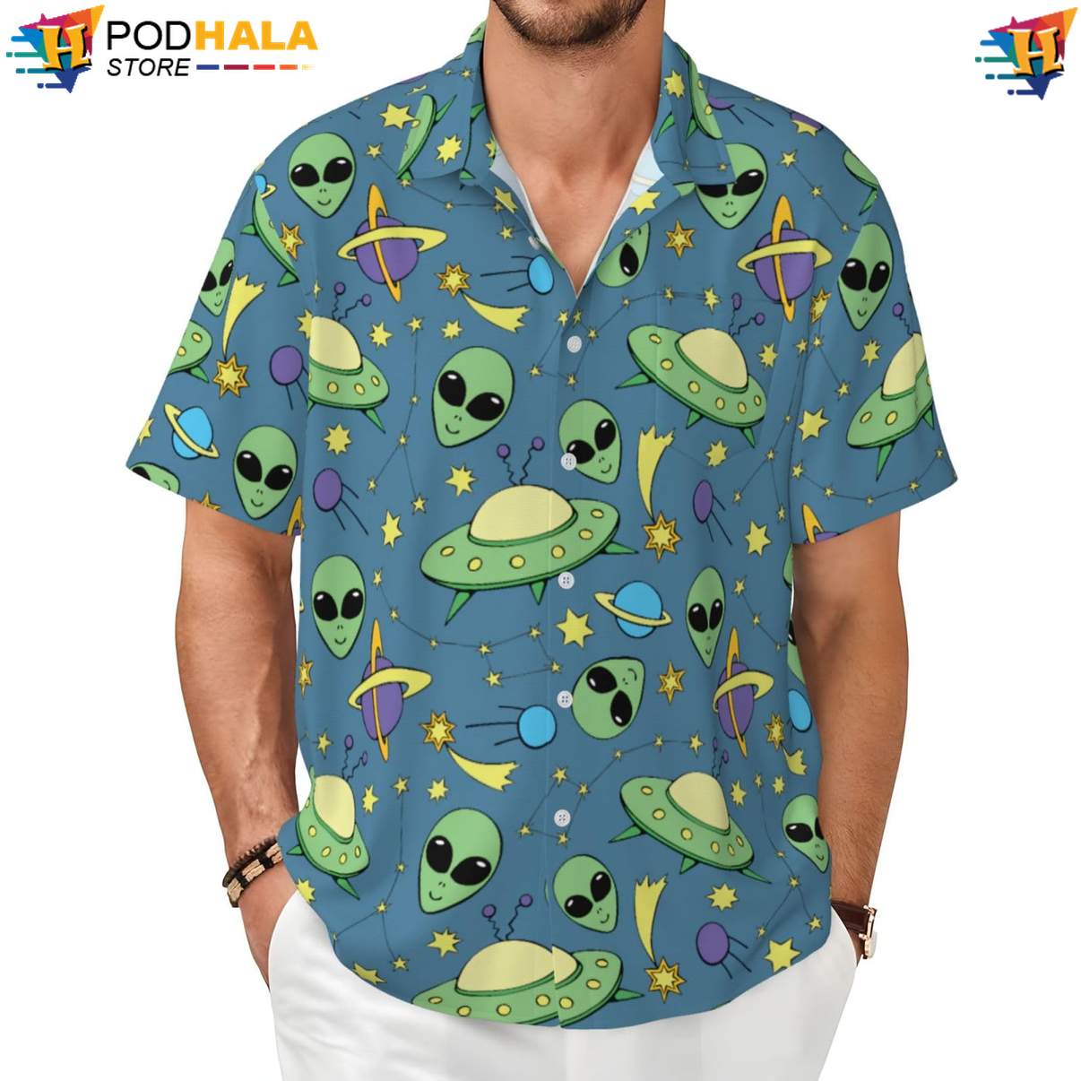 Funny Aliens Ufo Hawaiian Shirt Novelty Mens Short Sleeve Button Up Outfit