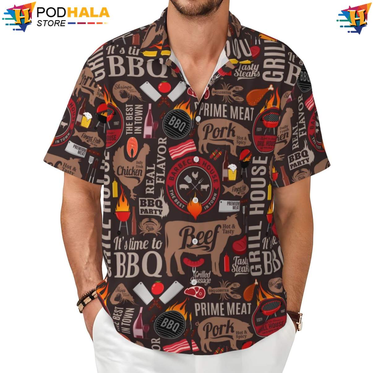 Funny Barbecue Hawaiian Shirt Novelty Mens Short Sleeve Button Up Beachwear