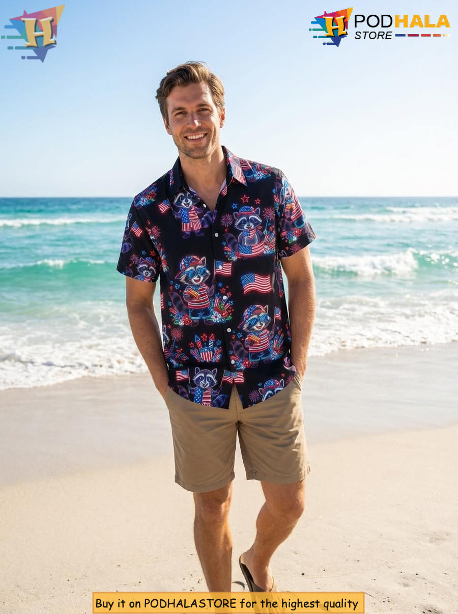 Funny Beach Tropical Raccoon Hawaiian Shirt 2026 Holiday Print Fan Apparel