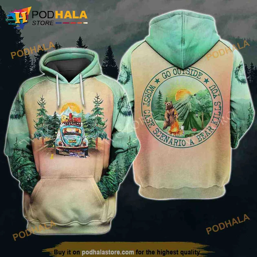 Funny Bear Camping 3d Hoodie Featuring Vintage Camper And Sunset Design